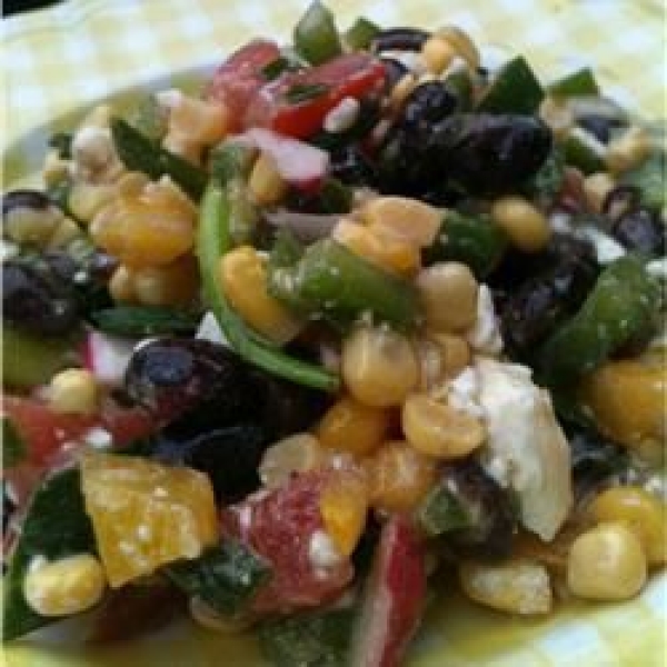 Black Bean, Corn, and Tomato Salad with Feta Cheese