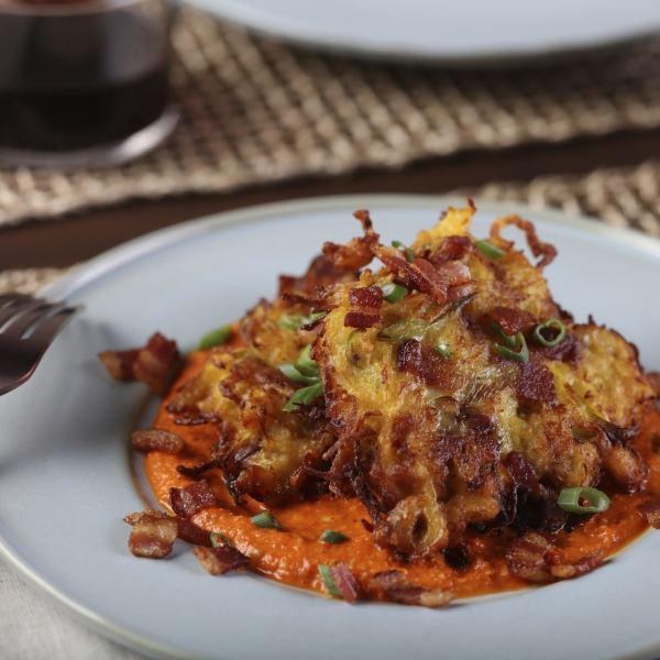 Bacon and Spaghetti Squash Fritters with Roasted Red Pepper Sauce