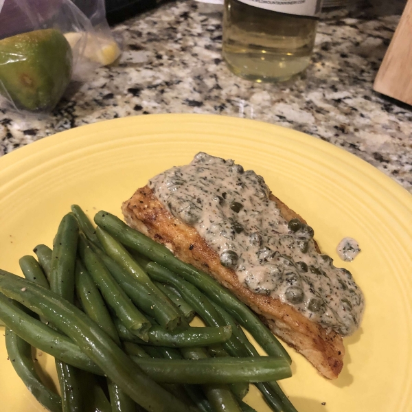 Pan Fried Halibut Steak with Light Green Sauce