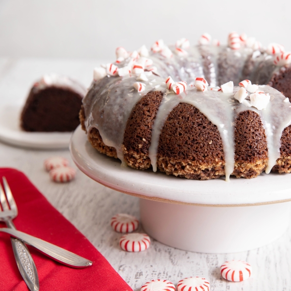 Reduced-Sugar Chocolate Bundt® Cake with Peppermint Glaze