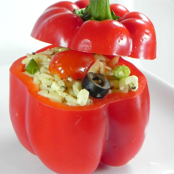 Mediterranean Chicken and Orzo Salad In Red Pepper Cups