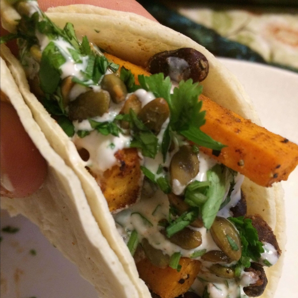 Vegan Cilantro-Lime, Sweet Potato, and Black Bean Tacos