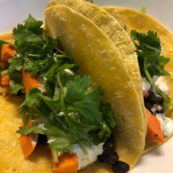 Vegan Cilantro-Lime, Sweet Potato, and Black Bean Tacos