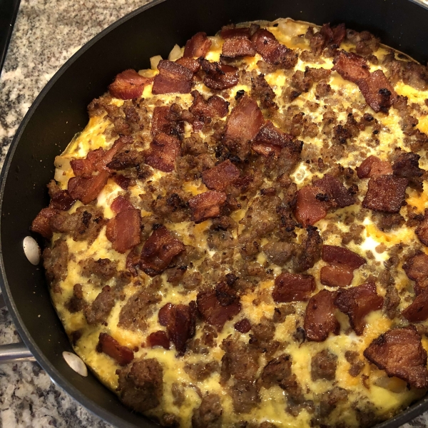 Cheesy Bacon-Sausage-Egg-Hash Brown Skillet