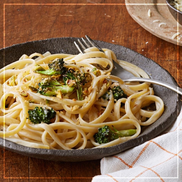 Roasted Broccoli Alfredo Pasta with Pistachio Crumble