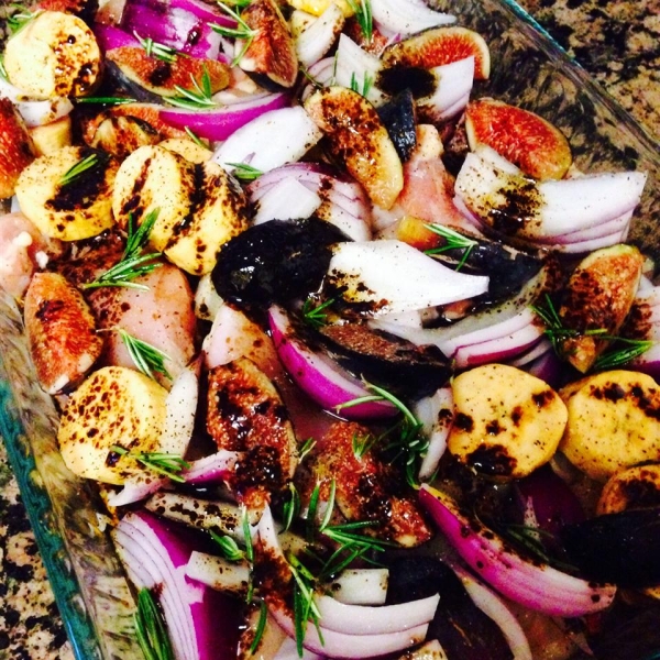 Roast Chicken with Fig, Plantain, and Red Onion