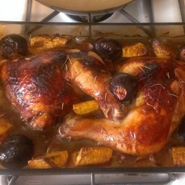 Roast Chicken with Fig, Plantain, and Red Onion