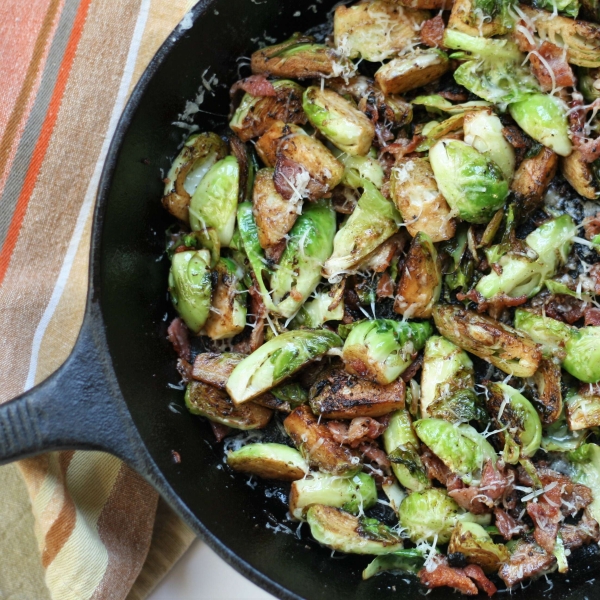 Bacon and Parmesan Brussels Sprouts with Black Garlic