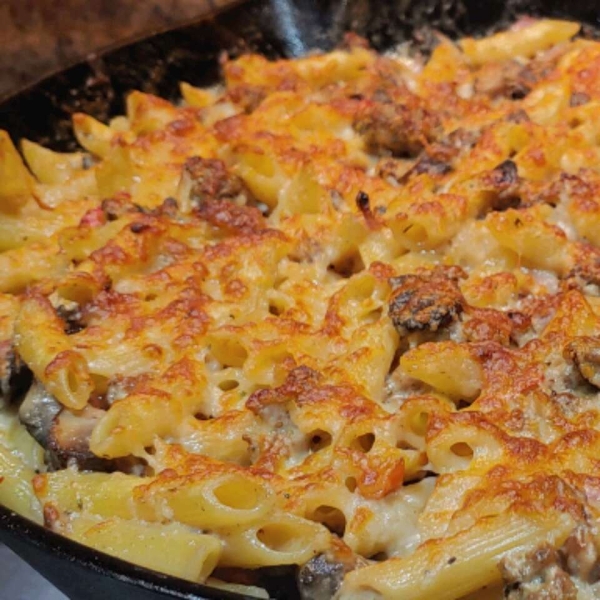 Baked Pasta with Sausage and Baby Portobello Mushroom White Sauce