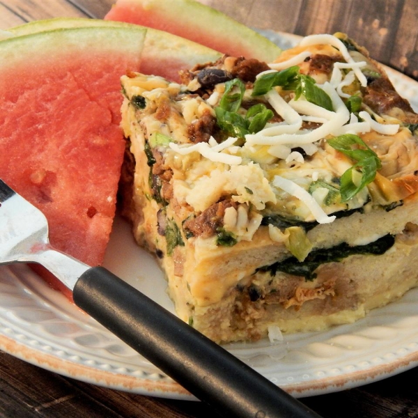 Cheesy Brunch Strata with Soy Sausage and Spinach