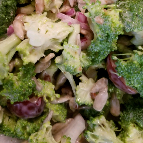 Broccoli Salad with Red Grapes, Bacon, and Sunflower Seeds