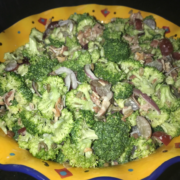 Broccoli Salad with Red Grapes, Bacon, and Sunflower Seeds