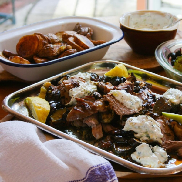 Roast Greek Lamb with Tzatziki, Roasted Vegetables, and Greek salad