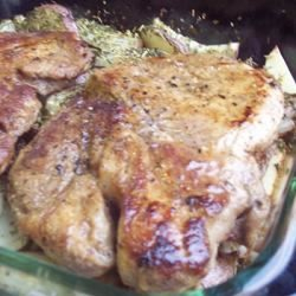 Spicy Pork Chops with Herbed Roasted New Potatoes