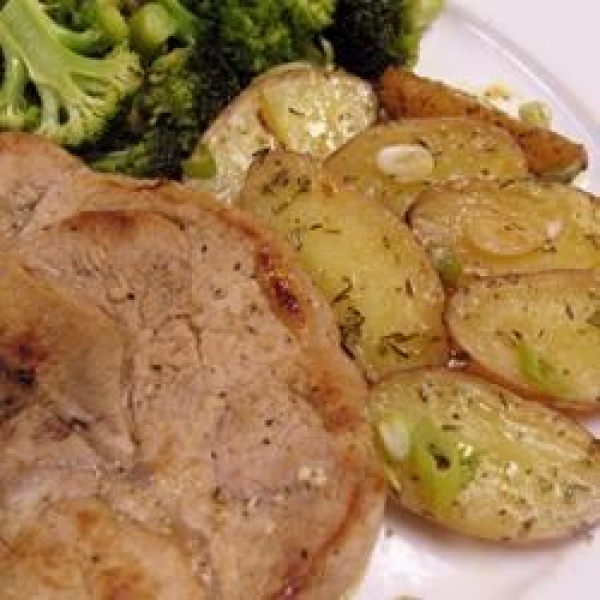 Spicy Pork Chops with Herbed Roasted New Potatoes