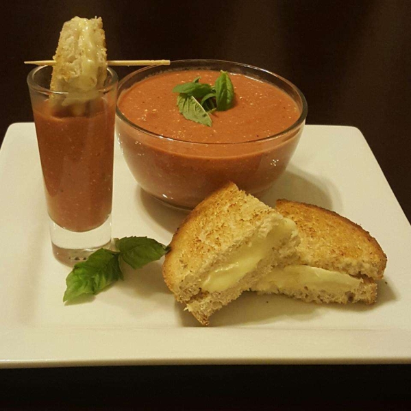 Spicy Tomato Bisque with Grilled Brie Toast