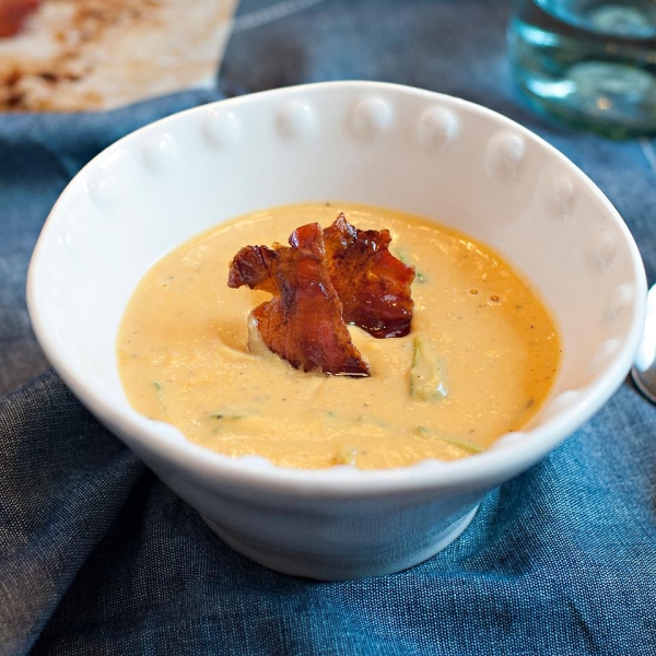 Goat Cheese and Butternut Soup with Maple Candied Bacon