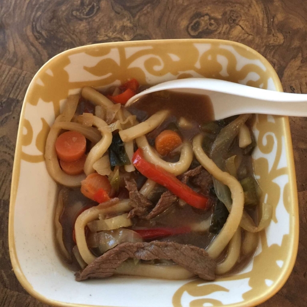 Asian-Themed Beef and Rice Noodle Soup