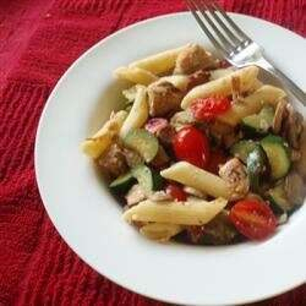 Pasta with Chicken, Bacon, and Summer Vegetables