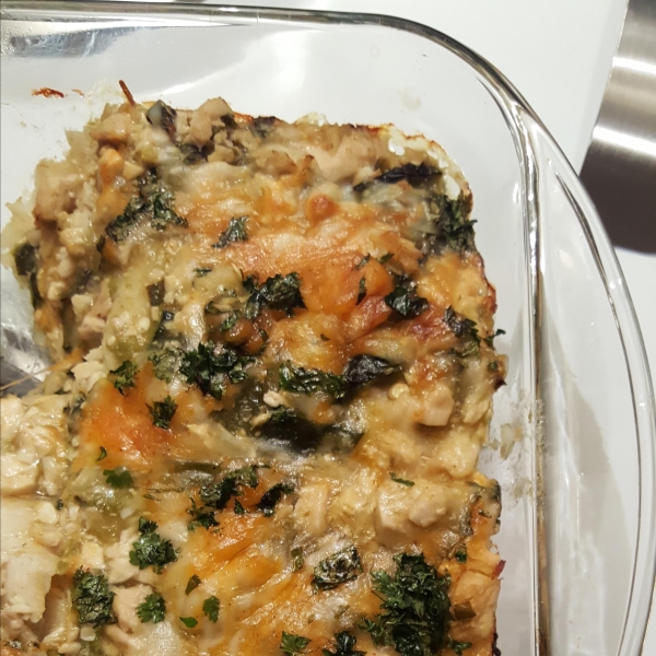 Cheesy Green Chile Chicken Enchilada Casserole