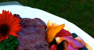 Planked New York Strip Steak with Grilled Veggies