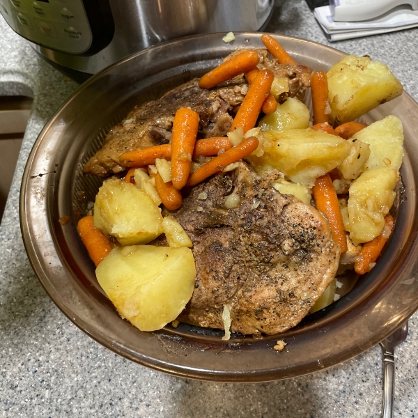 Pressure Cooker Bone-In Pork Chops, Baked Potatoes, and Carrots