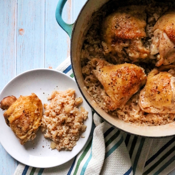 Baked Lemon-Pepper Chicken Thighs and Rice