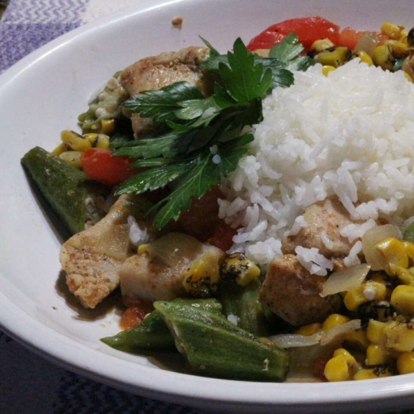 Chicken Stew with Okra, Corn, and Tomatoes