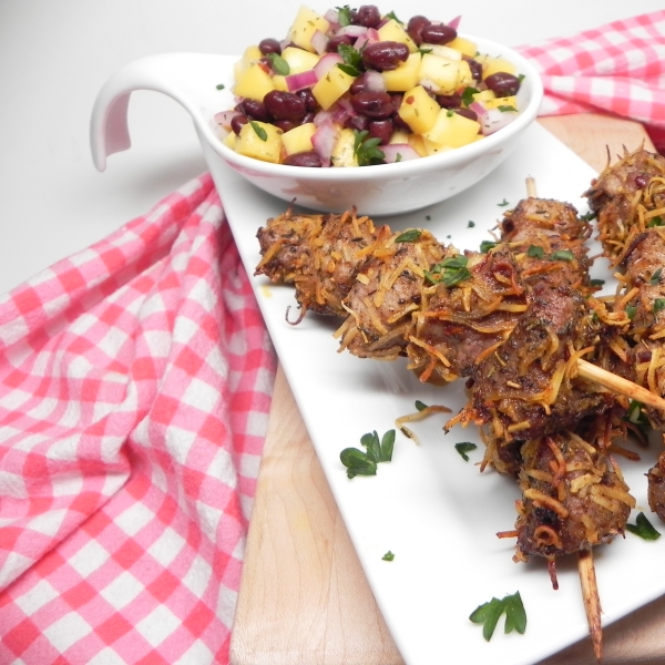 Air Fryer Jerk Pork Skewers with Black Bean and Mango Salsa