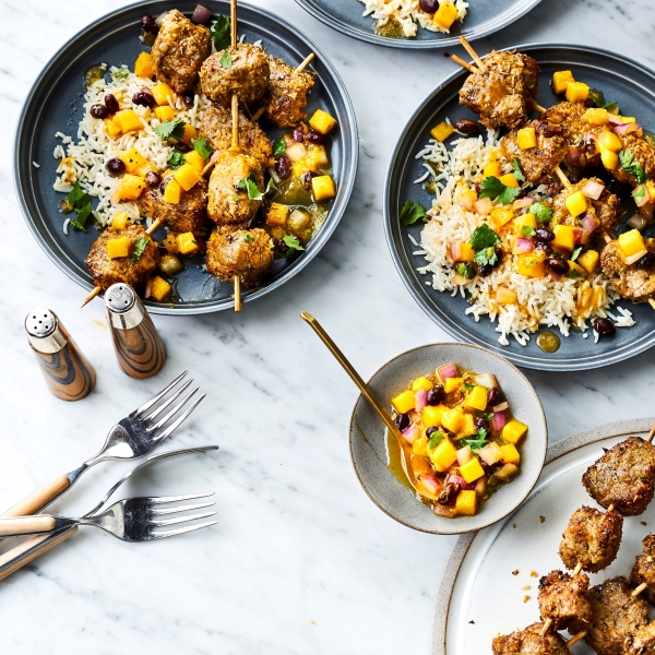 Air Fryer Jerk Pork Skewers with Black Bean and Mango Salsa