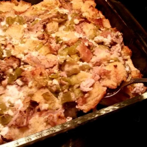 Pork Roast Strata with Green Chiles and Goat Cheese