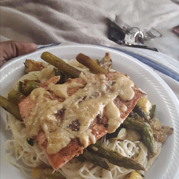 Salmon With Dijon Butter Sauce, Asparagus and Herb Butter Angel Hair Pasta