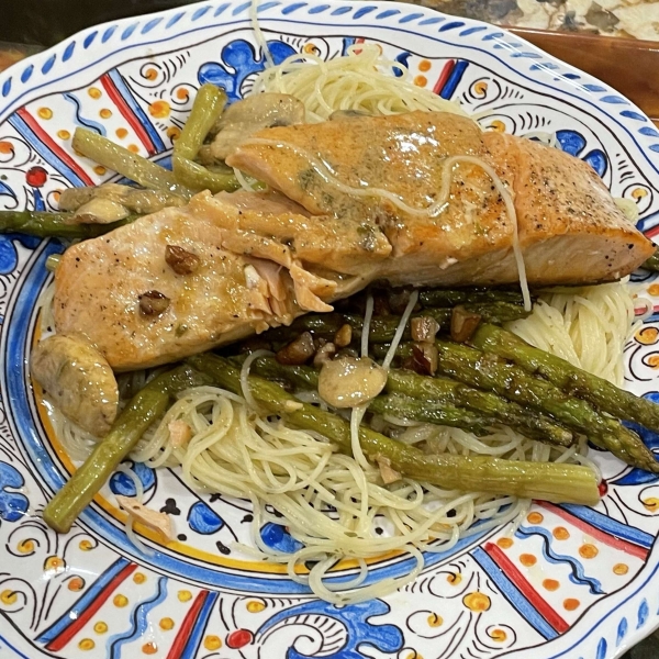 Salmon With Dijon Butter Sauce, Asparagus and Herb Butter Angel Hair Pasta