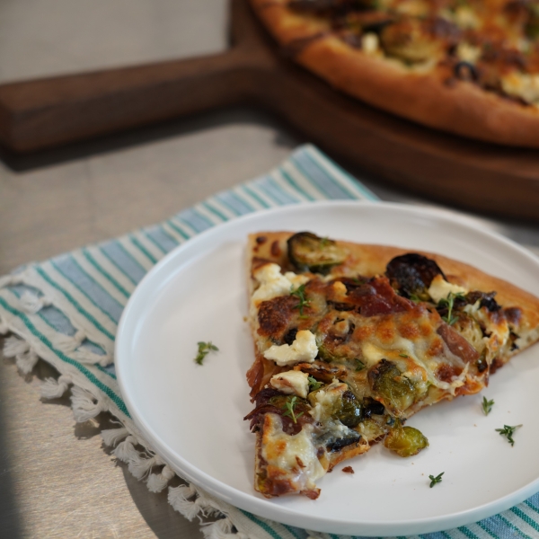 Roasted Brussels Sprouts Pizza with Prosciutto and Brown Sugar-Balsamic Onions