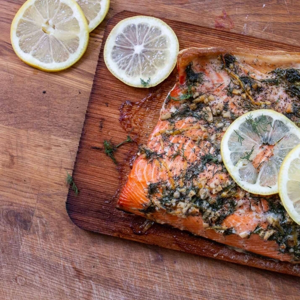 Cedar Plank-Grilled Salmon with Garlic, Lemon and Dill