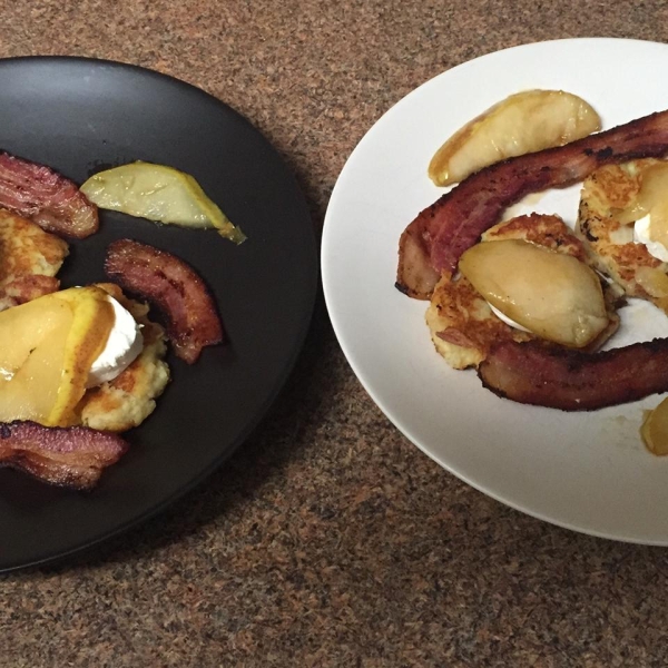 Potato Latkes with Caramelized Pears, Goat Cheese, and Sherry Vinegar Drizzle