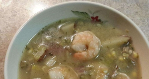 Leek and Potato Soup with Shrimp and Corn