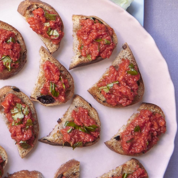 Olive Bread Crostini with Red Pepper Spread