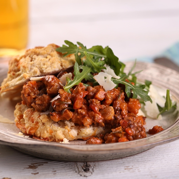 Pork Sausage Bolognese with Cheddar Biscuit