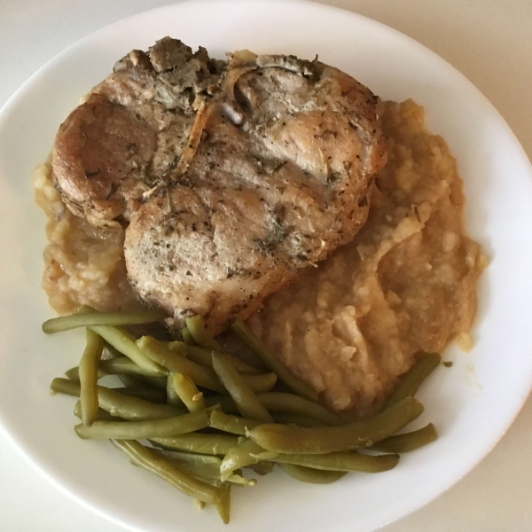 Pork Chops with Oniony Mashed Potatoes and Cider Gravy