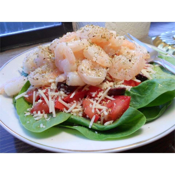 Greek-Style Shrimp Salad on a Bed of Baby Spinach