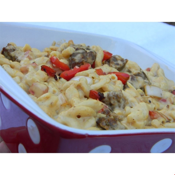 Macaroni and Cheese with Sausage, Peppers and Onions