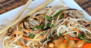 Crispy Chinese Noodles with Eggplant and Peanuts