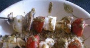 Grilled Halloumi and Mushroom Skewers with Quinoa and Pesto