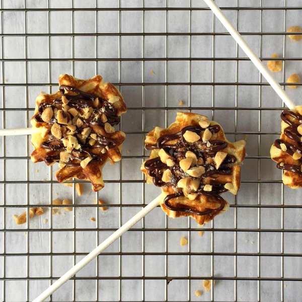 Mini Waffle Pops with Dark Chocolate, Roasted Peanuts, and Flaked Salt