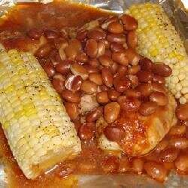 Foiled BBQ Chicken with Corn on the Cob and Pinto Beans