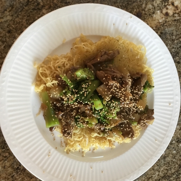 Stir-Fried Beef and Broccoli with Crisp Ramen Noodle Cake