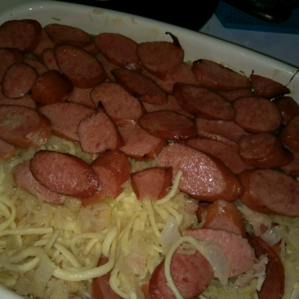 Spaetzle, Sauerkraut and Sausage Casserole