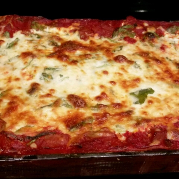 Low Fat Cheesy Spinach and Eggplant Lasagna