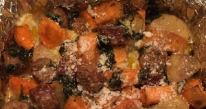 Sweet Potato, Kale and Sausage Bake with Cheese